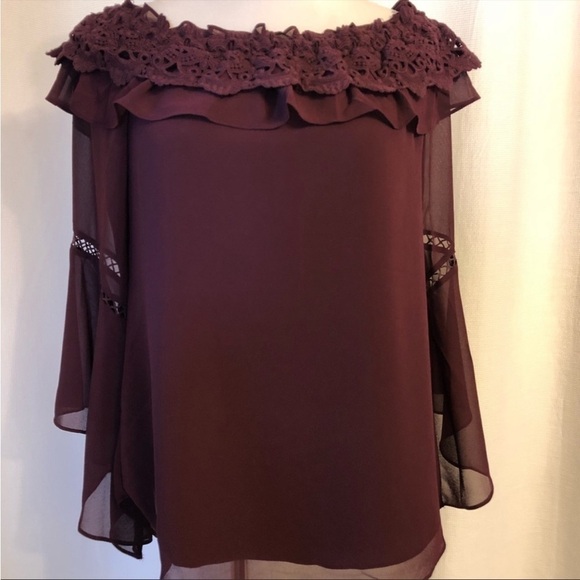 WHBM Burgundy Flowy Crochet Trim Blouse Sz M EUC - Picture 1 of 8